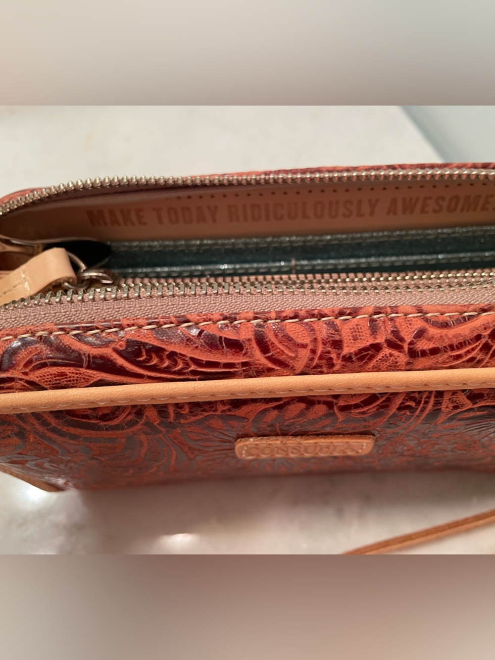 Consuela Floral Embossed Leather Wristlet in Brown and Tan - Picture 4 of 5